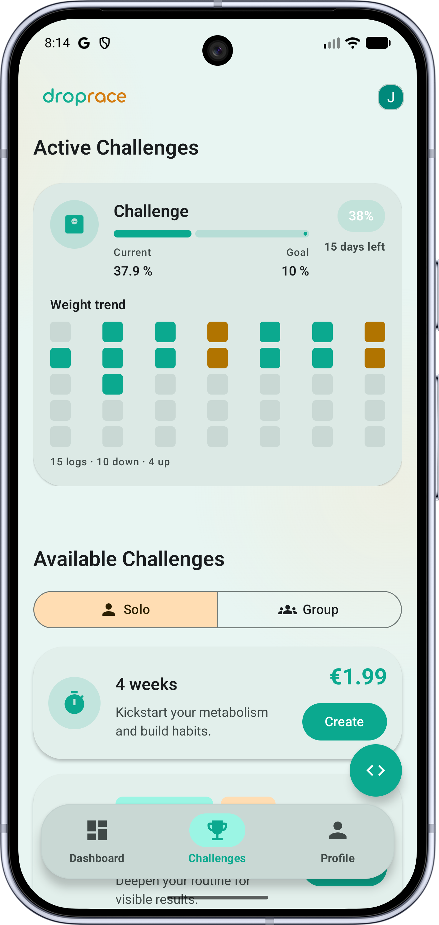 Challenges overview with GitHub-style contribution grid