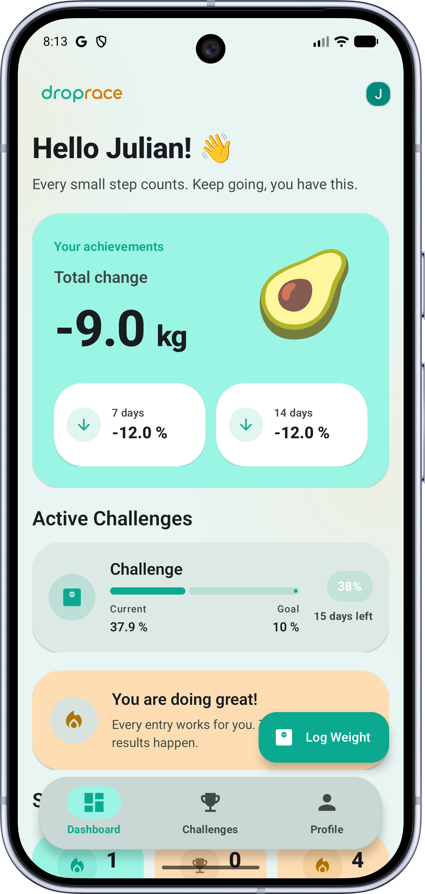 droprace dashboard with weight trend chart and active challenges