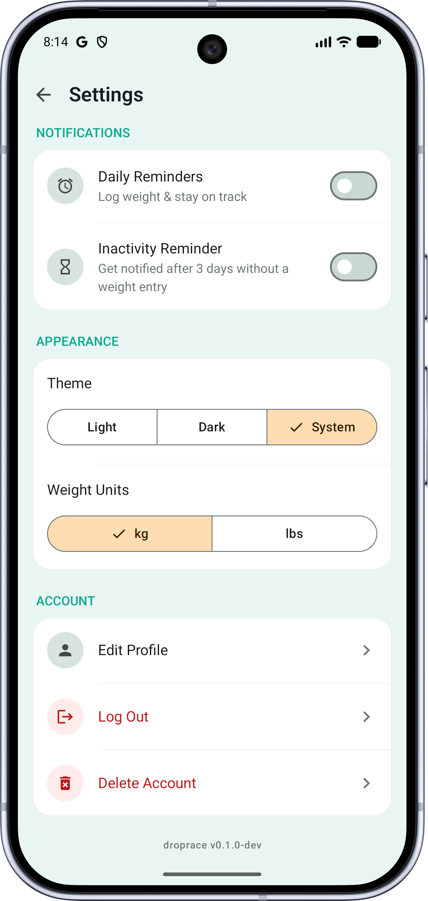 Settings with theme, weight unit and notification preferences